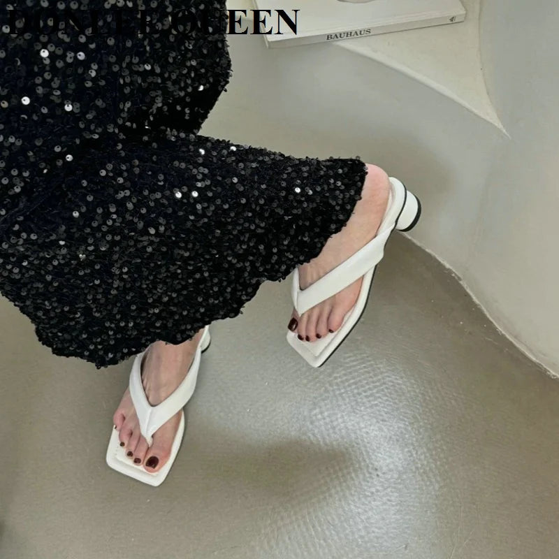 2024 Fashion Square Toe Low Heels Slippers Women Casual Narrow Band Sandals Brand Slide Slip On Beach Flip Flops Sandalias Mujer
