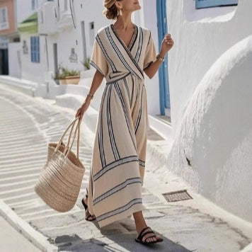 Casual Loose Retro Striped Print Holiday Dress Summer Short Sleeve V Neck Robes Dress Boho Beach Pleated A-Line Long Dress Woman vestido de verano de mujer