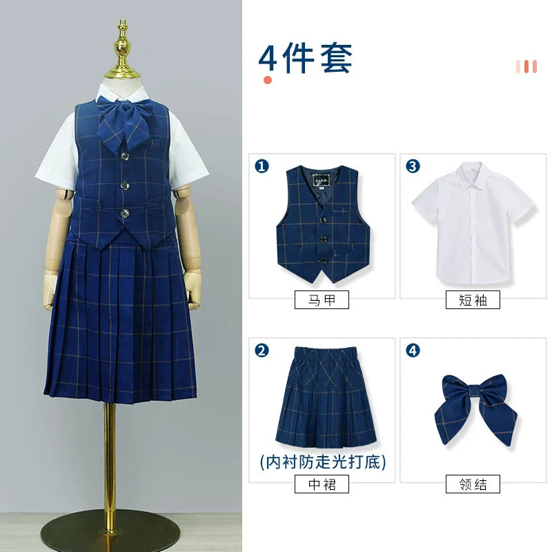 Kids British Plaid Vest Shirt Suit Pants Girls Waistcoat Blouse Skirts Children School Uniform Boys Korean Students Clothes Set