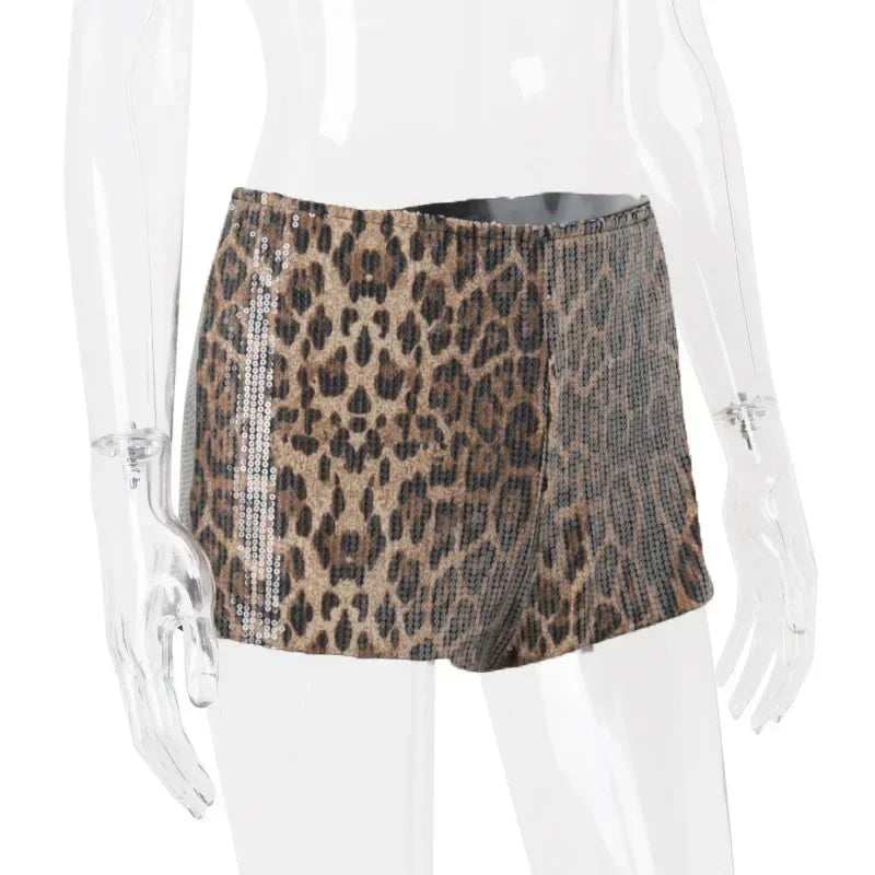 WhereMery Retro Leopard Print Seguins Shiny Chic Short Pants Y2K Spring Women's Fashion Night Club Streetwear Women Mini Bottoms