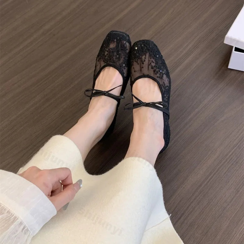 Summer Women Ballet Flats Shoes Comfortable Non Slip Fashion 2025 New Bow Women Shoes  Mesh Breathable Sandals Zapatos De Mujer