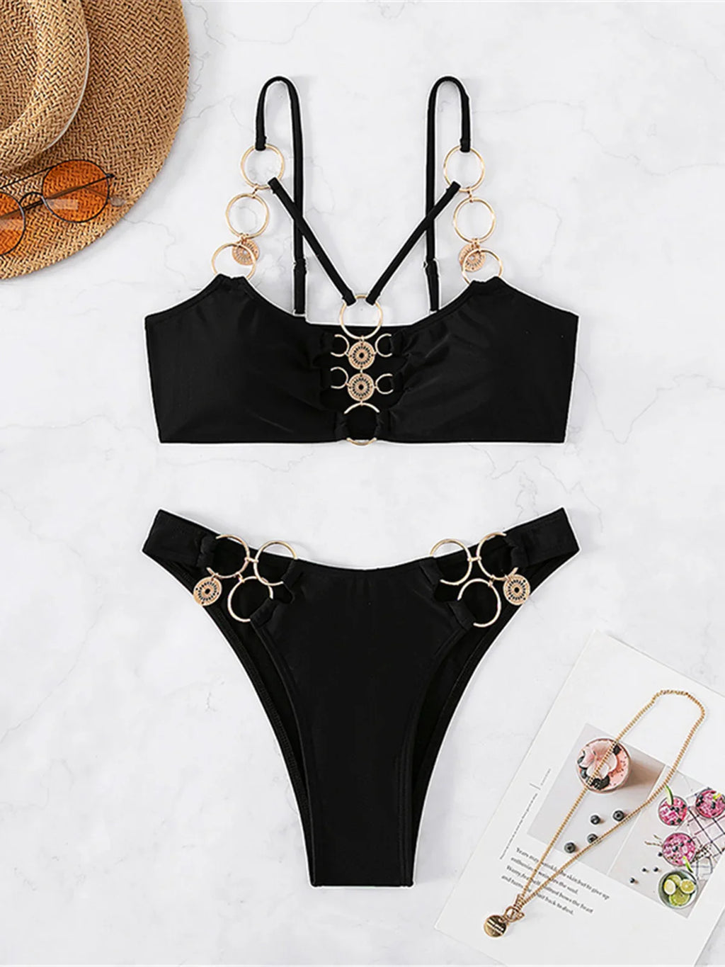 👙 Sexy Metal Ring Mid-Waist Bikini Set – Women's Two-Piece Padded Swimsuit | Trendy Bathing Suit for Beach & Pool 