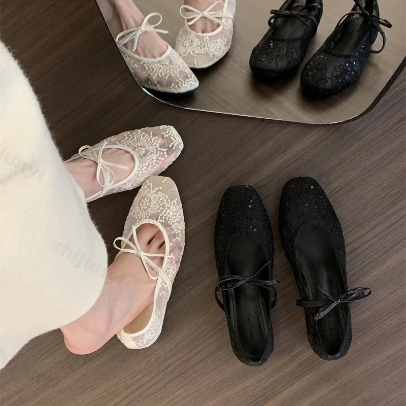 Summer Women Ballet Flats Shoes Comfortable Non Slip Fashion 2025 New Bow Women Shoes  Mesh Breathable Sandals Zapatos De Mujer