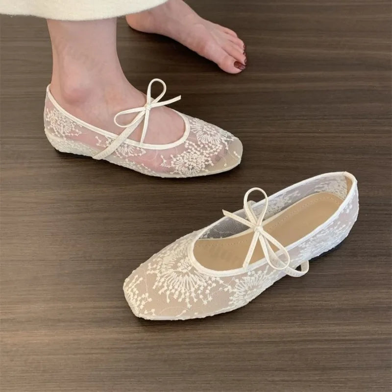 Summer Women Ballet Flats Shoes Comfortable Non Slip Fashion 2025 New Bow Women Shoes  Mesh Breathable Sandals Zapatos De Mujer