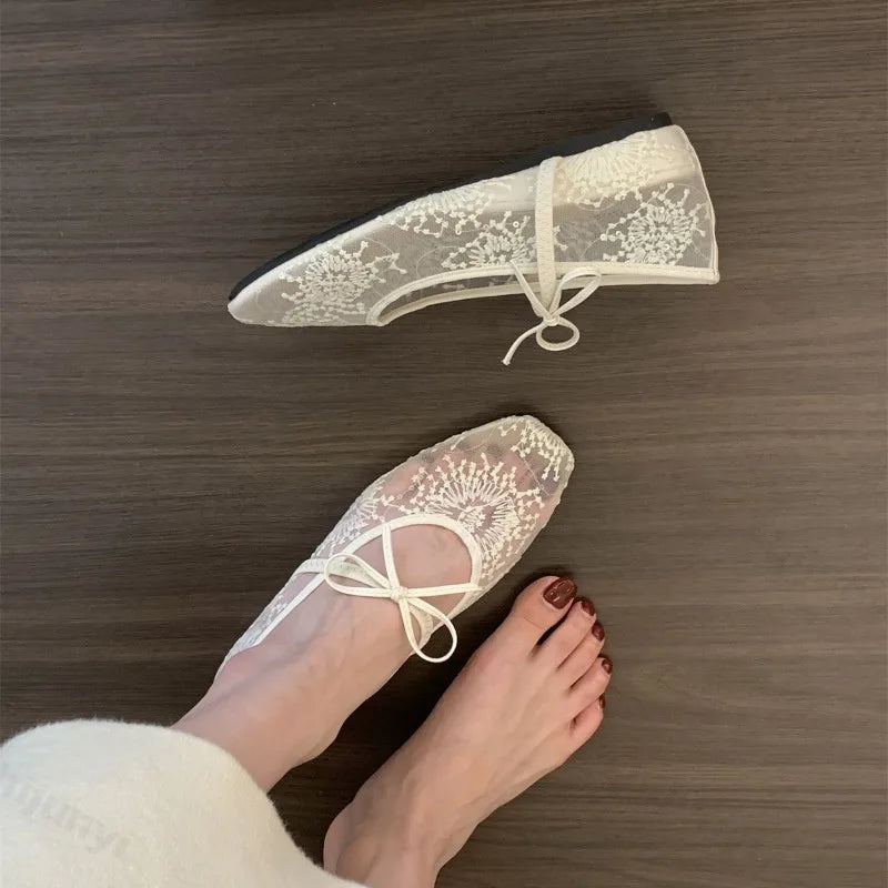 Summer Women Ballet Flats Shoes Comfortable Non Slip Fashion 2025 New Bow Women Shoes  Mesh Breathable Sandals Zapatos De Mujer
