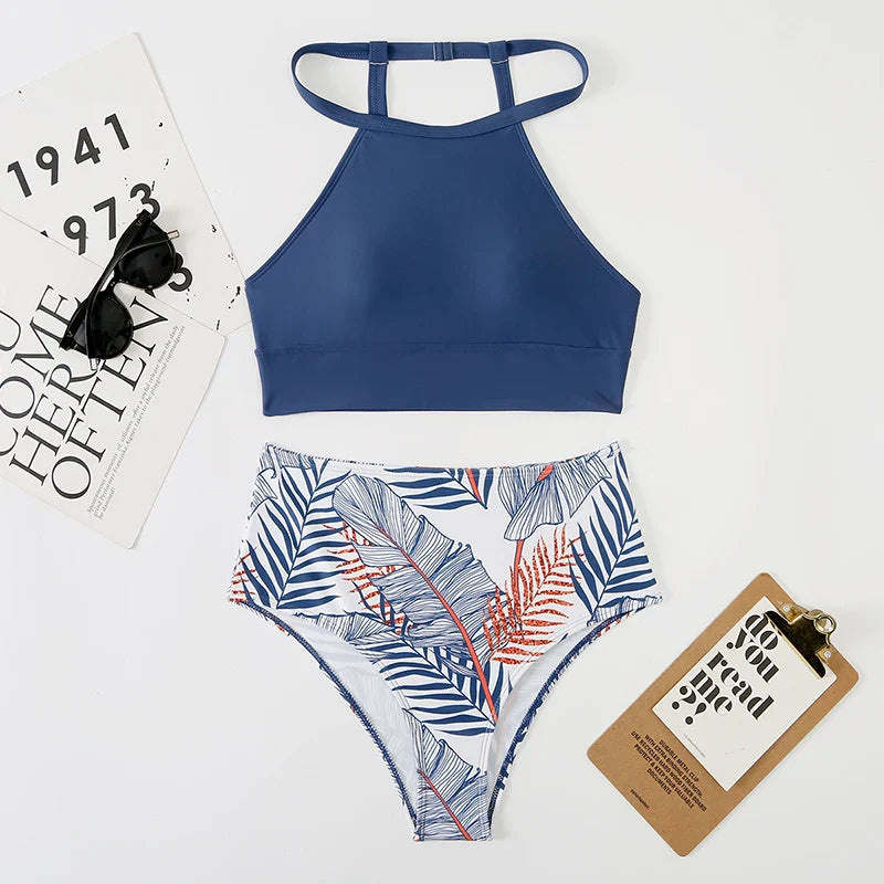 2026 High-Neck Print Bikini: Chic & Padded Swimwear