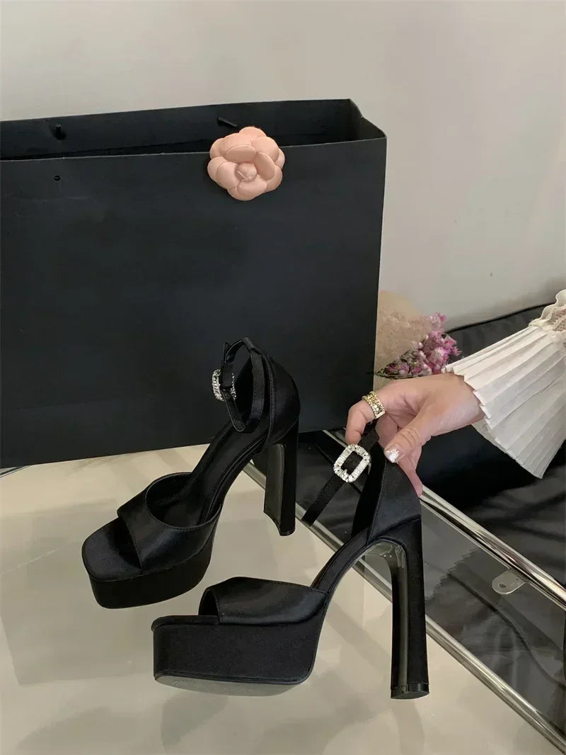 Liyke Runway Style Black High Heels Platform Sandals For Women Cozy Silk Square Toe Buckle Strap Lady Party Dress Shoes Size 40