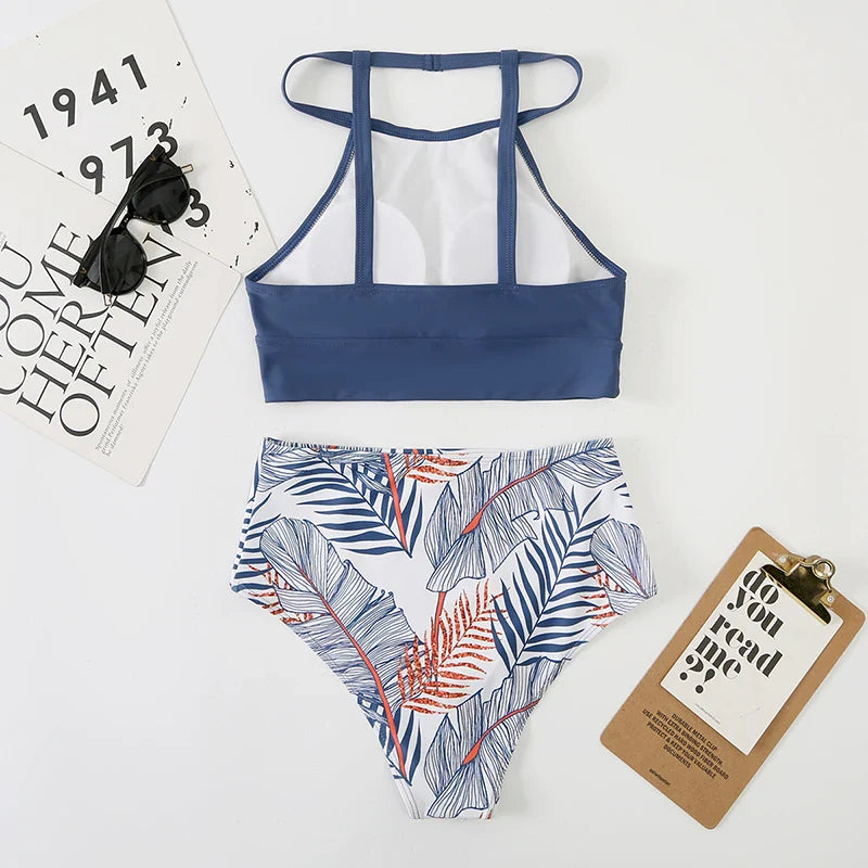 2026 High-Neck Print Bikini: Chic & Padded Swimwear