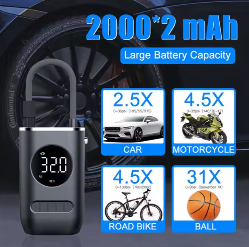 🛞 Portable Wireless Digital Tire Inflator – Multifunctional Electric Air Pump for Cars, Motorcycles, Bikes & More (150 PSI | 2000mAh Dual Battery) 