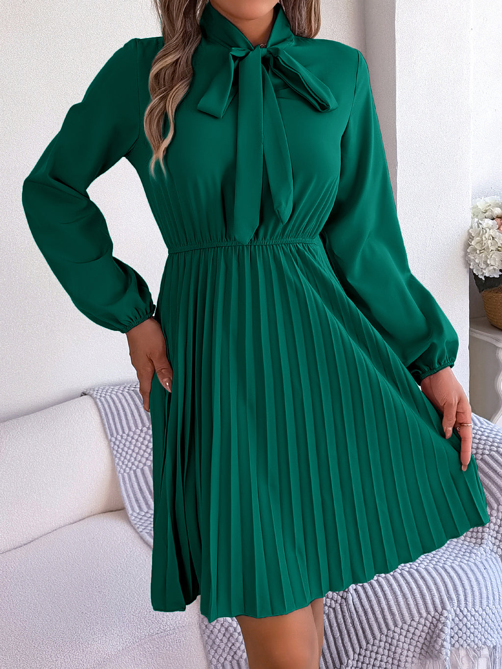 Women's Elegant Tie Waist Long Sleeve Pleated Skirt vestido