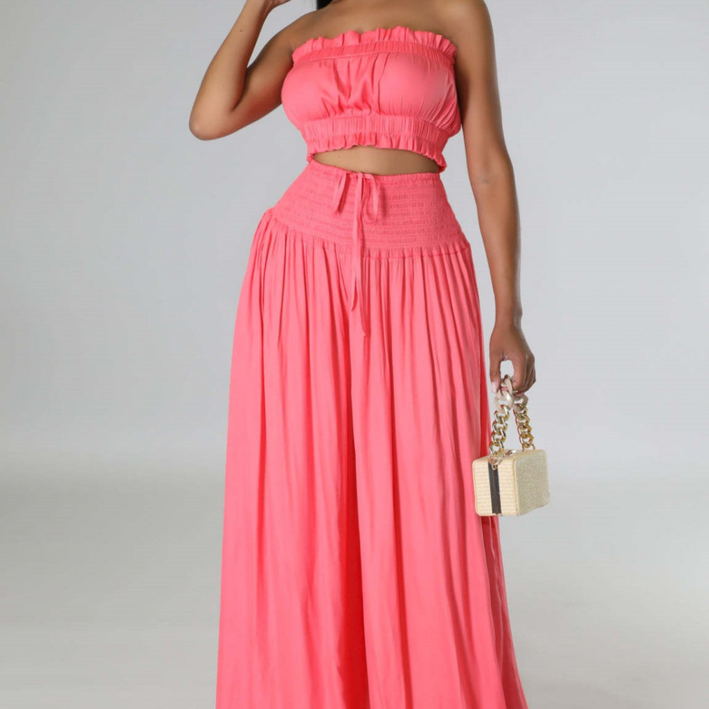 Summer Autumn Solid-Color Womens Casual Tube Top And High-Waist Drawstring Wide-Leg Pants