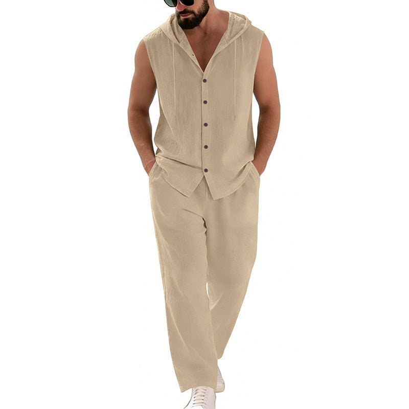 Loose-fitting Casual Hooded Sleeveless Shirt And Pants Set