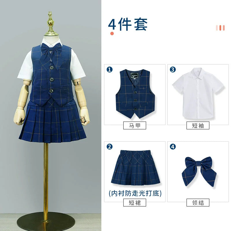 Kids British Plaid Vest Shirt Suit Pants Girls Waistcoat Blouse Skirts Children School Uniform Boys Korean Students Clothes Set