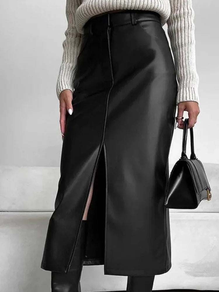 Leather Skirt High Waist Women Front Slit Spring Autumn Long Skirt High Waisted Office Lady Slim Skirts Elegant Women's Clothing