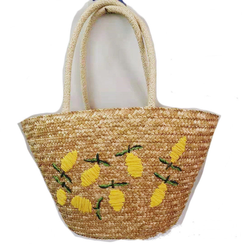 Woven Embroidered Pattern Lemon Mango Tote Shoulder Bag