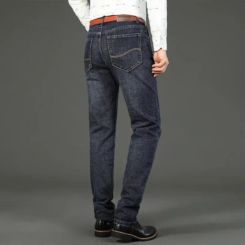 Wthinlee New Business Men's Jeans fleece Casual Straight Stretch Fashion Classic Blue Black Work Denim Trousers Male  Clothing