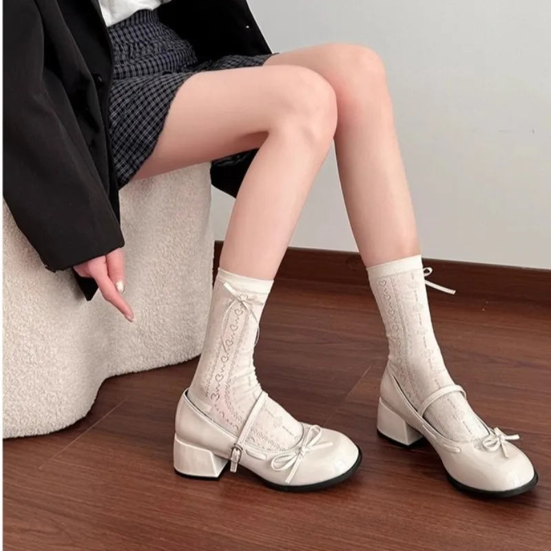 Women French Ballet Mary Jane Shoes Fashion with Bow Casual Leather Shoes Patent Leather Thick Heel Shoes Sandals Women Summer 