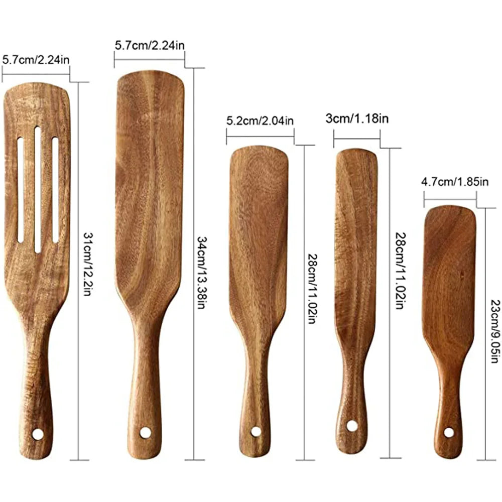 1-5pcs Slotted Spurtle Spatula Sets for Stirring  Natural Teak Kitchen Utensil Set Heat Resistant Non Stick Wood Cookware