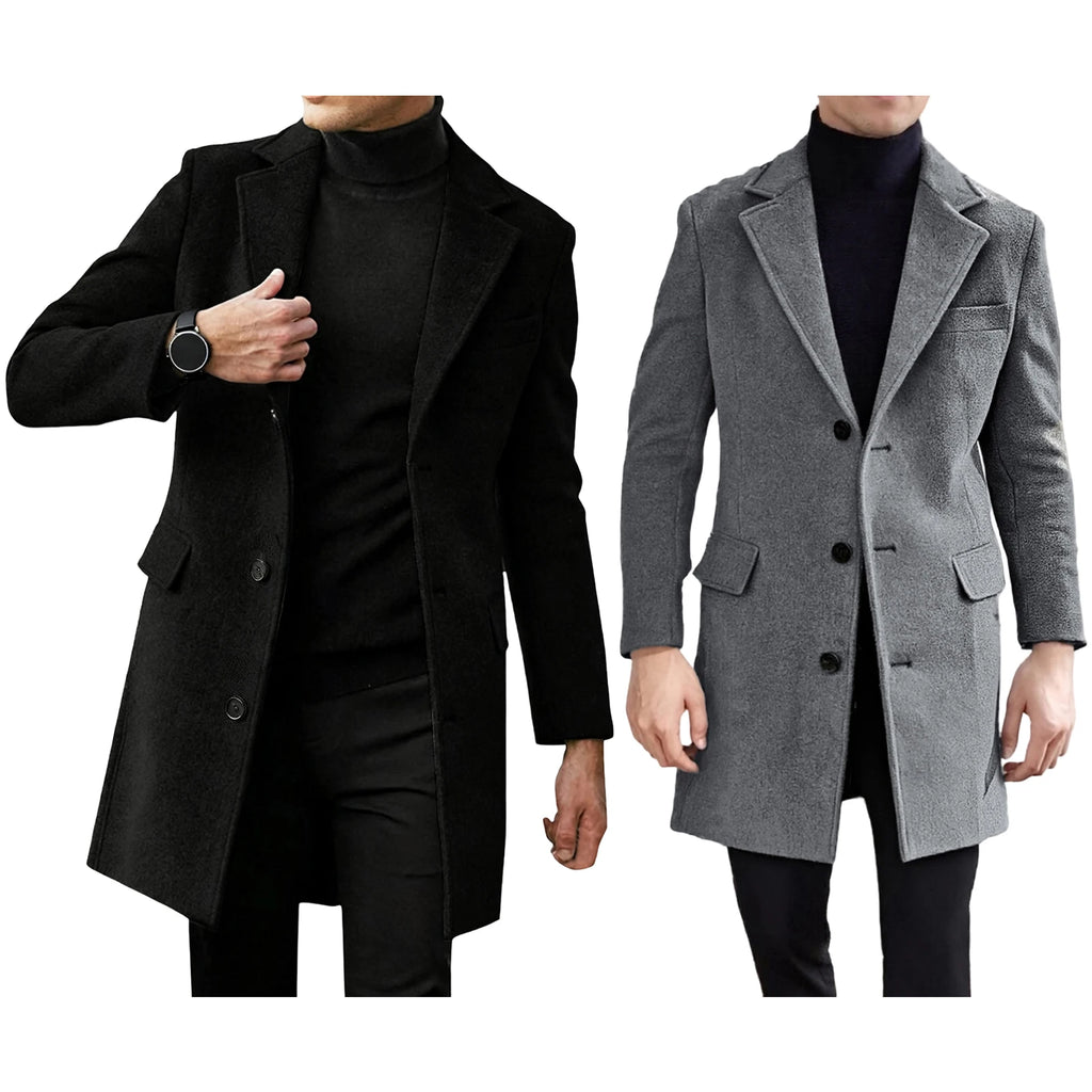2026 Winter Fashion Men's Mid-Length Wool Overcoat Male Long Sleeve Lapel Solid Color Trench Coat Winter Outerwear