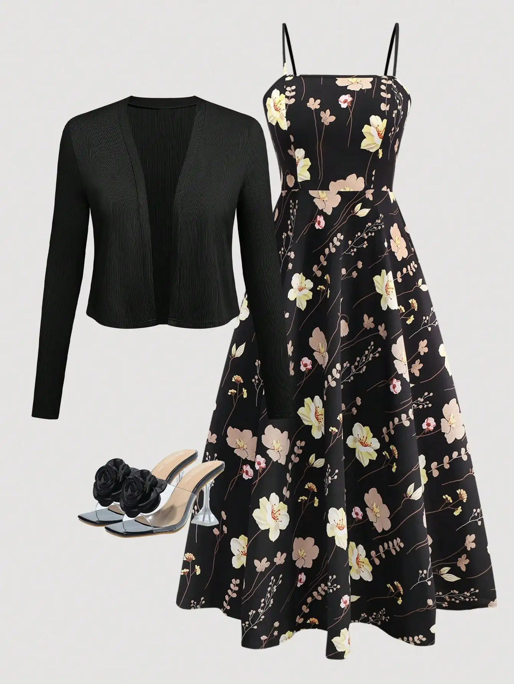 Women's Elegant Leopard Print Camisole Dress With Waist Cincher & Knit Cardigan Set