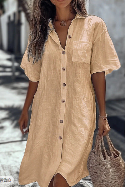 Casual Solid Shirt Dress Lady Fashion Short Sleeve Button Loose Dresses Women Elegant Office Skirt Womens Clothing Summer camisa manga corta de verano mujer.