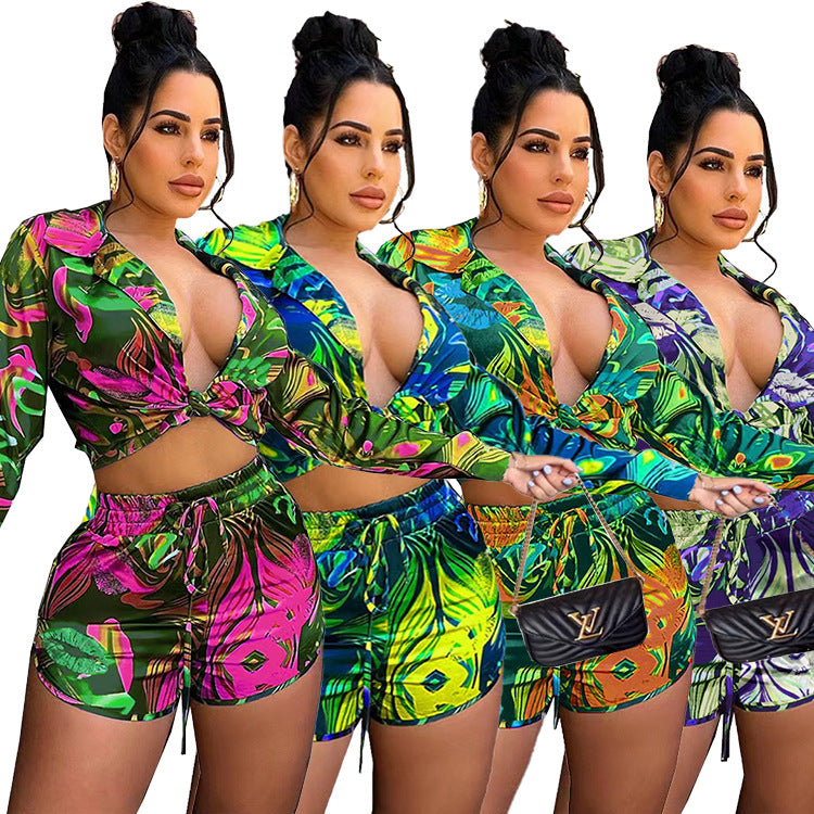 Womens Printed Short-Sleeve Shirt And Casual Hot-Pants Set