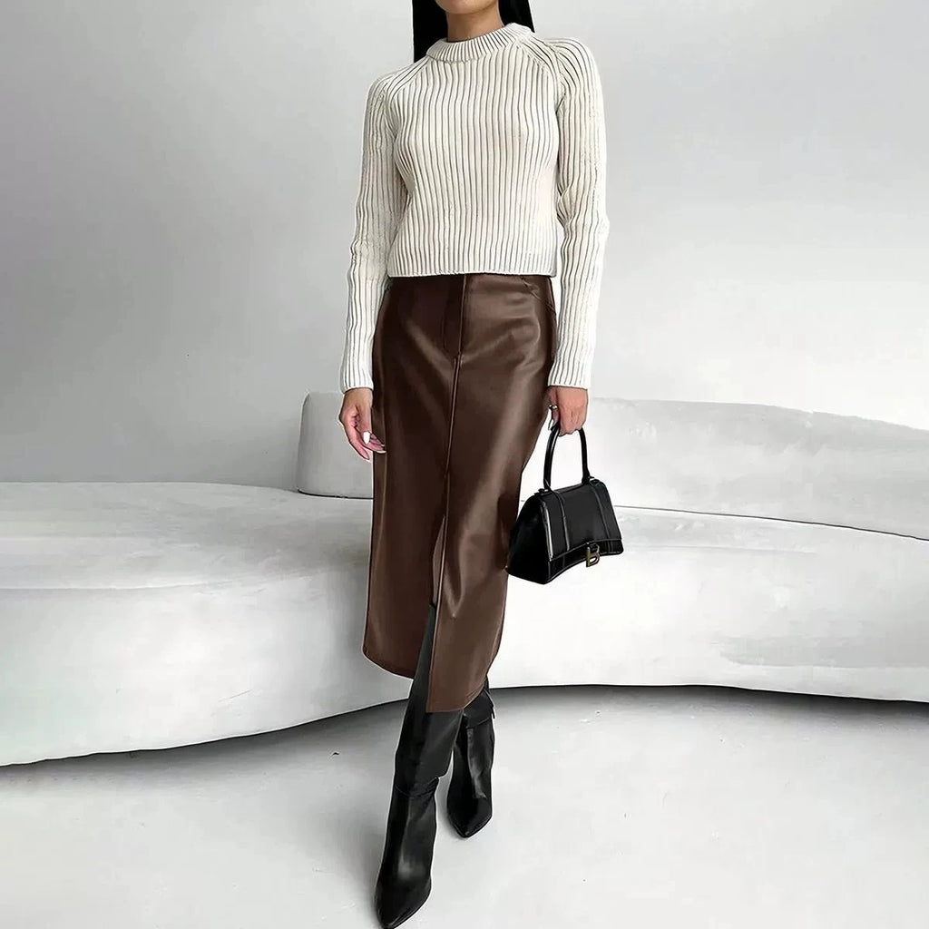 Leather Skirt High Waist Women Front Slit Spring Autumn Long Skirt High Waisted Office Lady Slim Skirts Elegant Women's Clothing