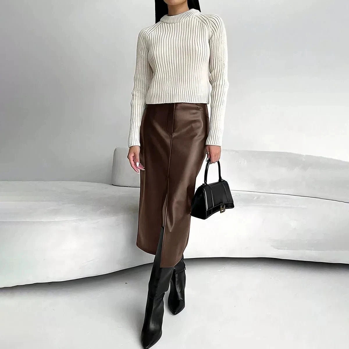 Leather Skirt High Waist Women Front Slit Spring Autumn Long Skirt High Waisted Office Lady Slim Skirts Elegant Women's Clothing