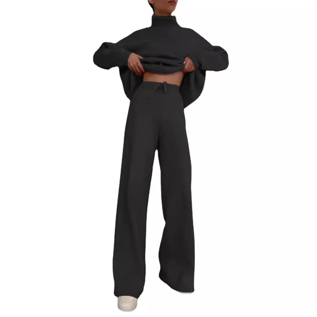 Sets Women Outfits Elegant Turtleneck Long-sleeved Sweater Trouser Suit Solid Color Comfortable Wide Leg Home Conjuntos De Mujer