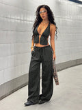 Women's Striped Halter Crop Top & Wide Leg Pants 2 Piece Set, Sexy Streetwear Matching Outfit 