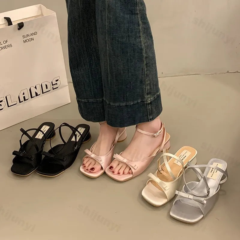 Women High-heel Sandals Fashion Thick Heel Butterfly-knot Women Sandals 2025 Summer Ladies Outdoor Gladiator Sandalias De Mujer