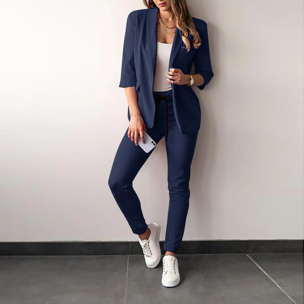 Office Lady Blazer And Lace-Up Pants Two Piece Set 2024 New Casual Fashion Solid Color Women's Set Conjuntos De Mujer Streetwear