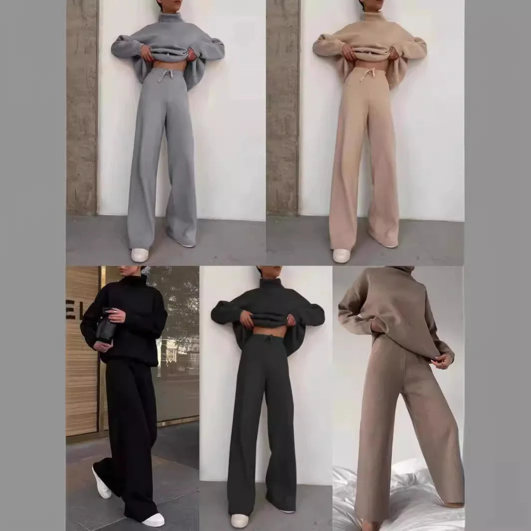 Sets Women Outfits Elegant Turtleneck Long-sleeved Sweater Trouser Suit Solid Color Comfortable Wide Leg Home Conjuntos De Mujer