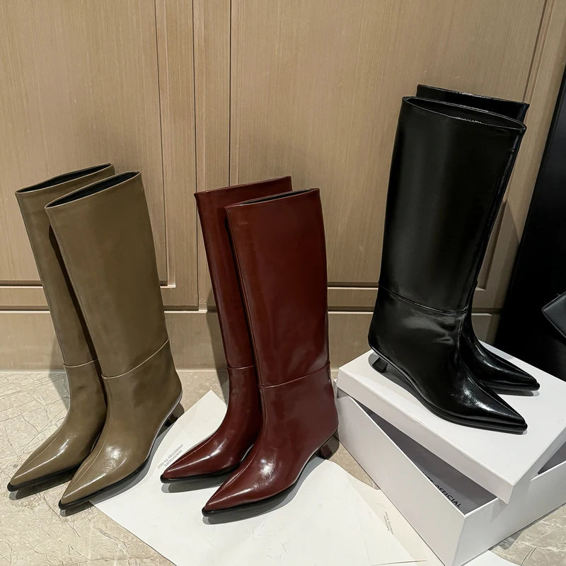 QUTAA Fashion News Women Knee High Boots Pointed Toe Winter Woman Shoes High Heels Cow Leather Long Boots Black Size 34-40