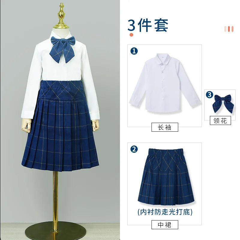 Kids British Plaid Vest Shirt Suit Pants Girls Waistcoat Blouse Skirts Children School Uniform Boys Korean Students Clothes Set