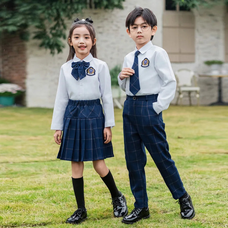 Kids British Plaid Vest Shirt Suit Pants Girls Waistcoat Blouse Skirts Children School Uniform Boys Korean Students Clothes Set