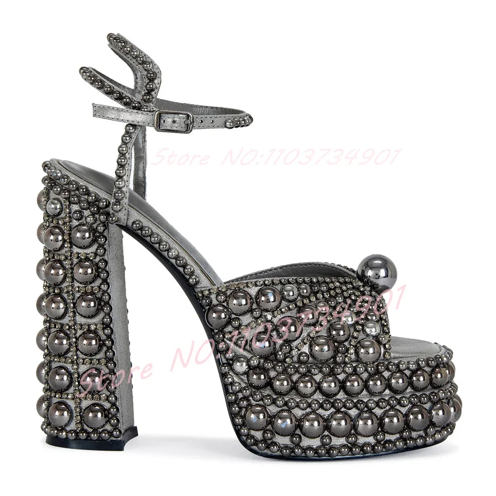 Women's White Pearl Platform Sandals Ankle Strap With Buckle Open Toe Bowknot Block Heels Sandals Luxe Lolita Party Wedding