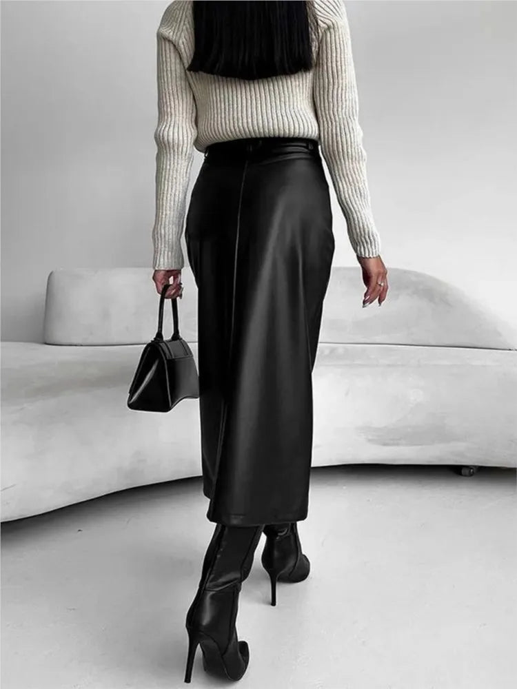 Leather Skirt High Waist Women Front Slit Spring Autumn Long Skirt High Waisted Office Lady Slim Skirts Elegant Women's Clothing