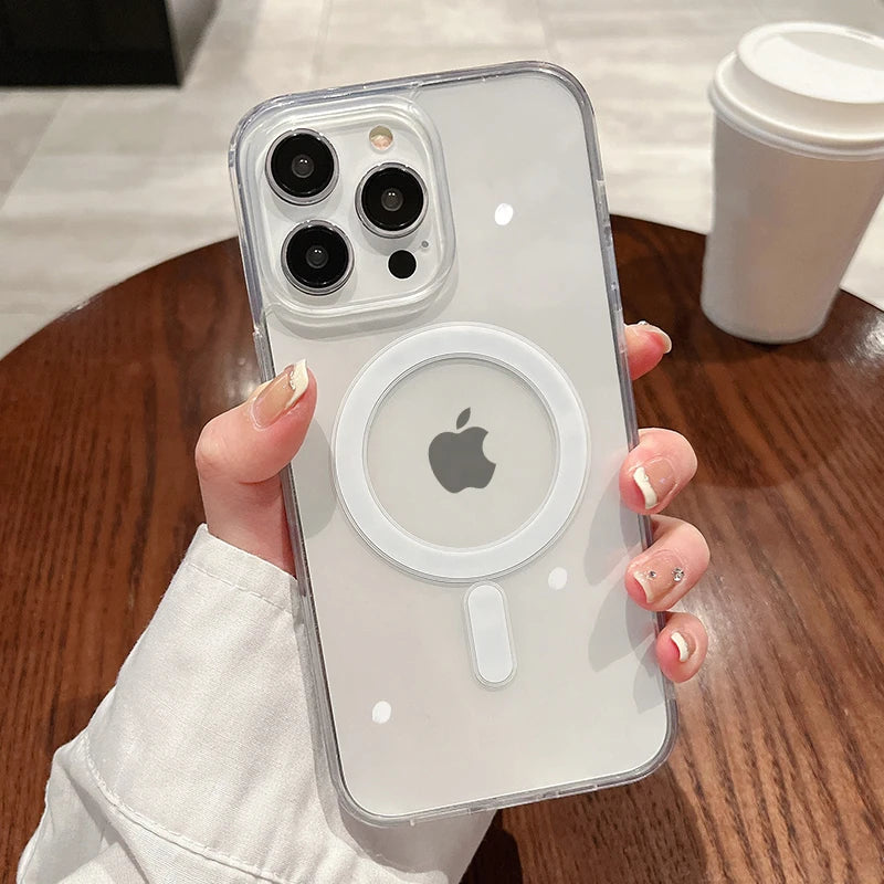 For Magesafe Magnetic Transparent Wireless Charging Case For iPhone 11 12 13 14 15 16 17 Air Pro Max Plus Mini Shockproof PC Cover 