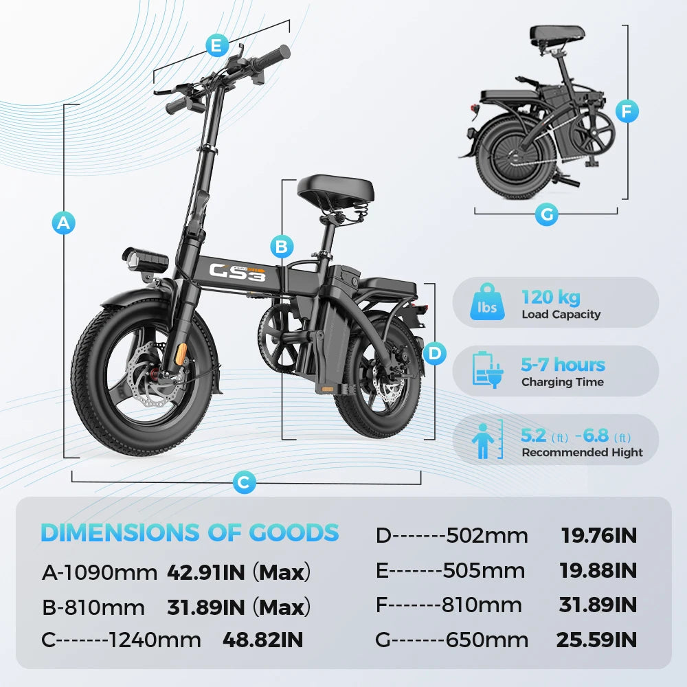 UPlee GS3 14-inch electric bike easy to fold adult commuter electric bike, 500W motor, removable battery, 20-mile maximum range