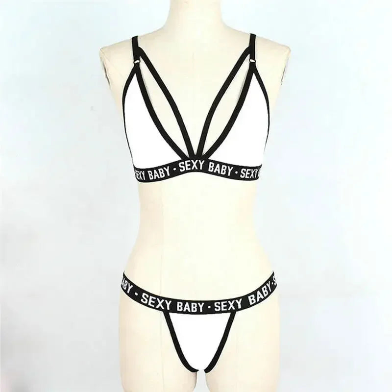 Conjuntos exóticos, conjunto de Sujetador deportivo Sexy para mujer sin aros, corsé con vendaje, sujetador con letras + Tanga