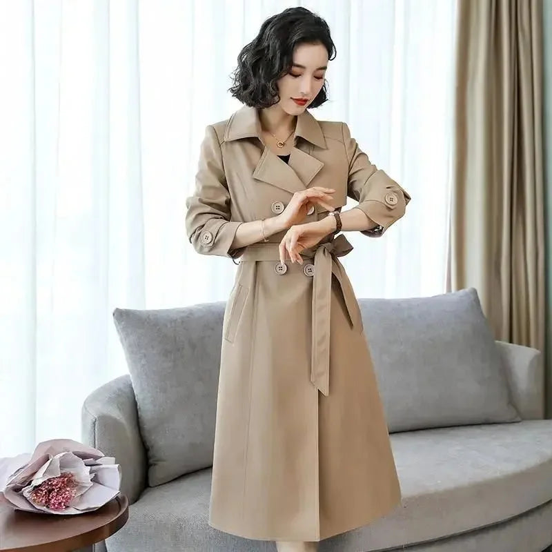 Women Trench Coat Spring 2025 New Fashion Khaki Black Double-Breasted Mid Length Windbreaker Female Outerwear Gabardina Mujer