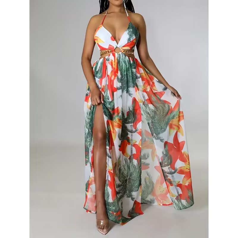 Elegant Womens Floral Print Halter V-neck Backless Side-Slit Dress Cut Out Waist Chain Sleeveless High Side Split Fit Flare Maxi Long Dresses vestido floral elegante.
