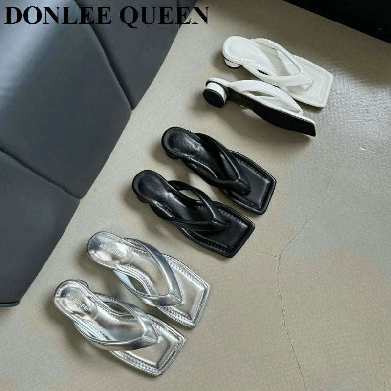 2024 Fashion Square Toe Low Heels Slippers Women Casual Narrow Band Sandals Brand Slide Slip On Beach Flip Flops Sandalias Mujer