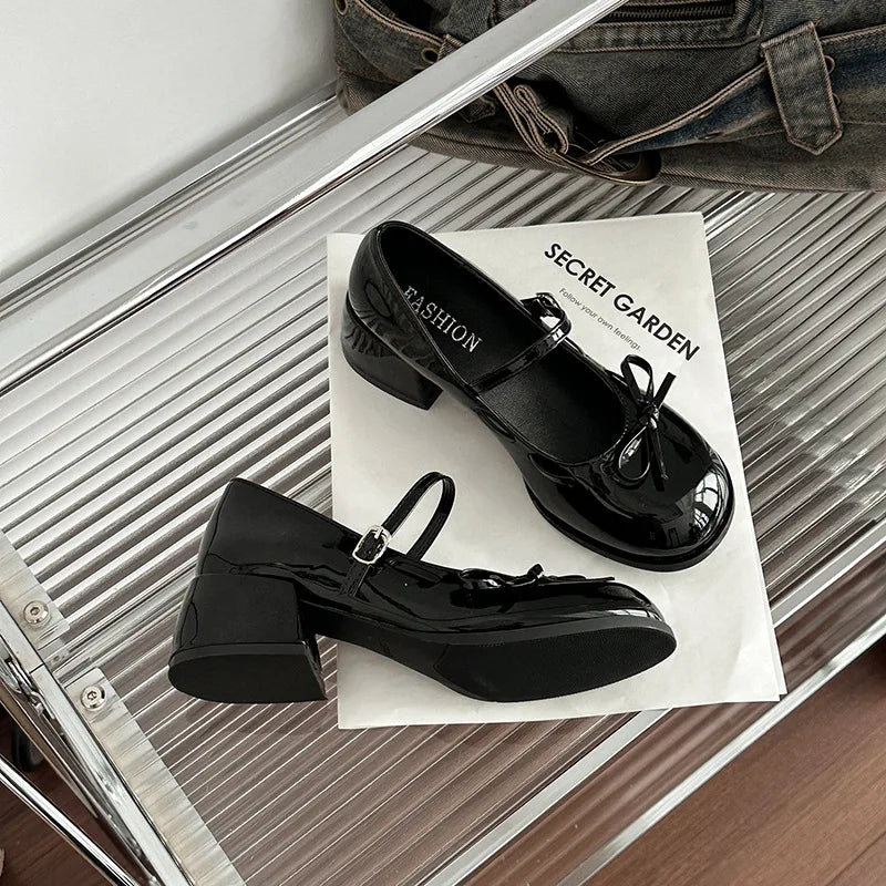 Women French Ballet Mary Jane Shoes Fashion with Bow Casual Leather Shoes Patent Leather Thick Heel Shoes Sandals Women Summer 