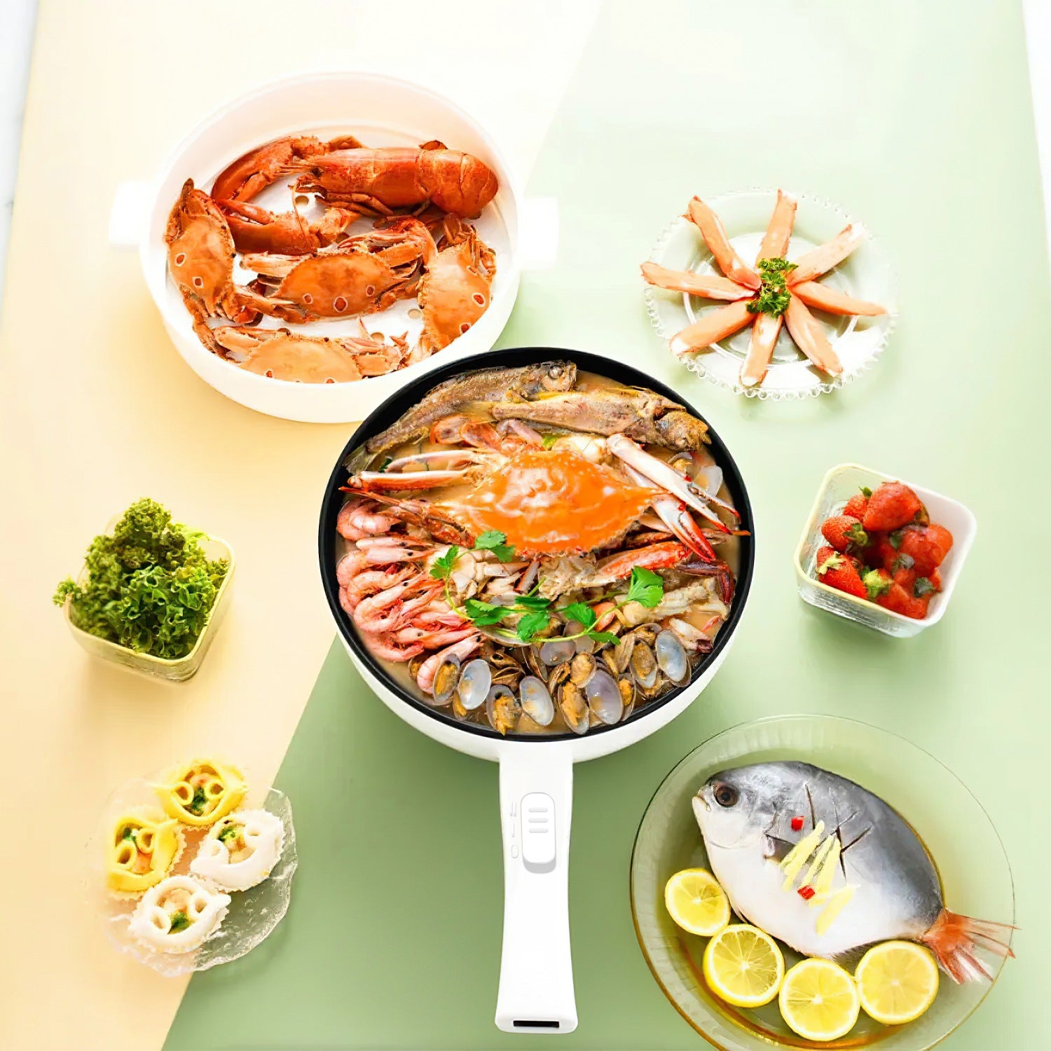 Electric Hot Pot Non-Stick Frying Pan Portable Rapid Noodles Cooker With Long Handle Steamer Spatula Dual Power Control Overheat Dry-Boil Protection For College Dorm Room Essential For Food Prepare