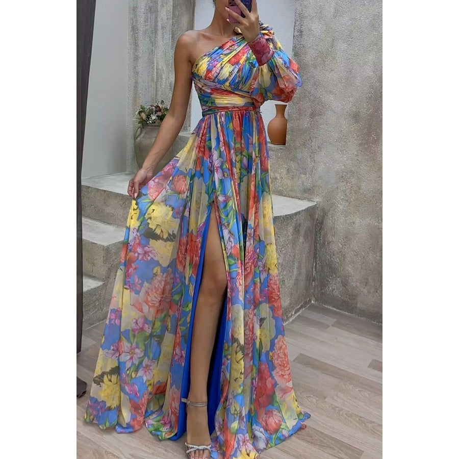 Floral Print Split Maxi Dress Fashion Sexy One-shoulder Long-sleeved Dresses Summer Beach Clothing For Women vestidos mujer