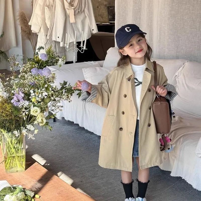 Girl's Trench Coat Spring and Autumn Children's Western British Style Medium length Jacket 110-160cm