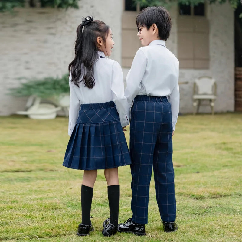 Kids British Plaid Vest Shirt Suit Pants Girls Waistcoat Blouse Skirts Children School Uniform Boys Korean Students Clothes Set