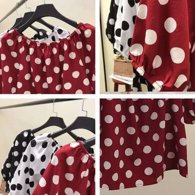 Women Spring Summer Style Loose Blouses Shirts Lady Casual Slash Neck Polka Dot Printed Blouses Tops
